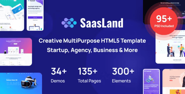 SaasLand SaaS HTML5 template preview showcasing a responsive, modern design for startups and agencies