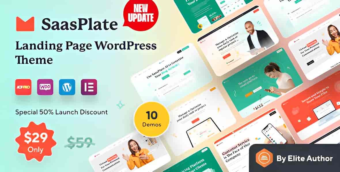 SaasPlate SaaS WordPress theme preview with Elementor PRO layout