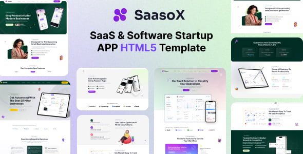 SaasoX SaaS HTML5 template preview showing a modern responsive homepage layout for tech startups
