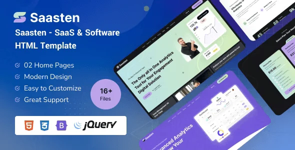 Saasten SaaS HTML template preview showing modern software landing page design with feature sections, pricing table, and app showcase layout