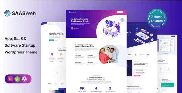Saasweb WordPress theme preview showcasing SaaS and digital agency website layouts