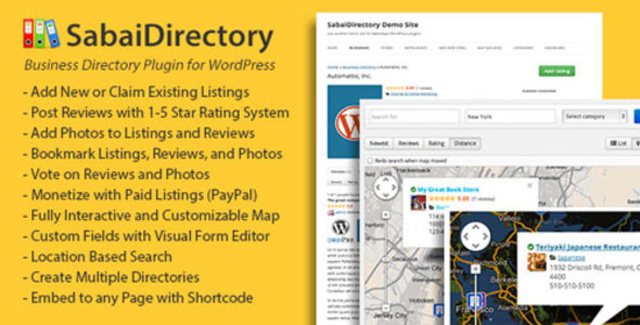 Sabai Directory WordPress plugin dashboard showing business listings with map view and filter sidebar