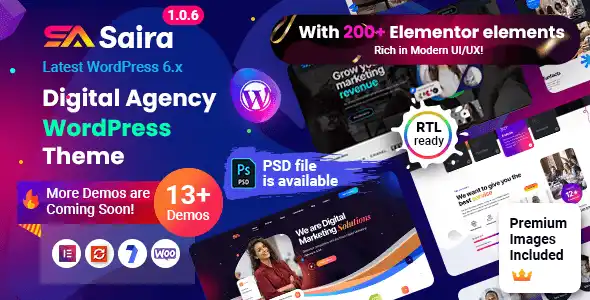 Saira digital agency WordPress theme with Elementor page builder and modern design
