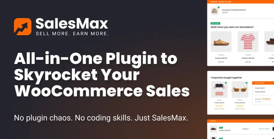SalesMax WooCommerce plugin dashboard showing upsell and discount features to boost sales