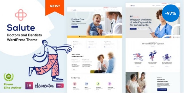 Salute Medical WordPress Theme showcasing professional healthcare website layout for clinics and doctors
