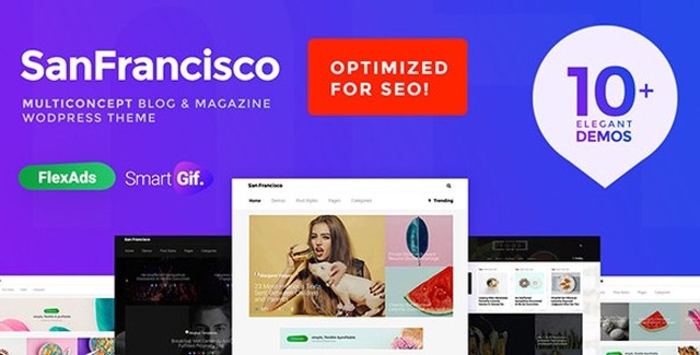 SanFrancisco WordPress theme preview showing blog magazine layout with visual page builder interface