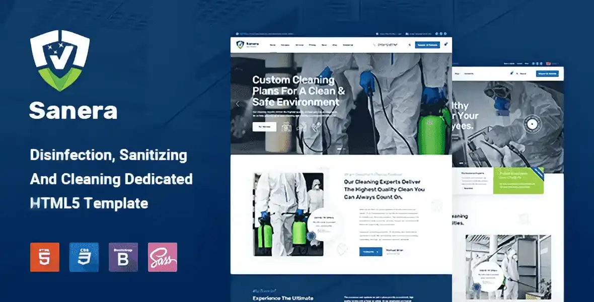 Sanera cleaning services HTML5 template preview showing professional website layout for disinfection and sanitizing businesses