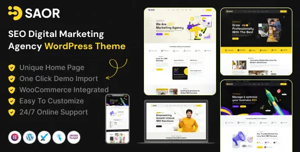 Saor SEO agency WordPress theme homepage demo on desktop screen