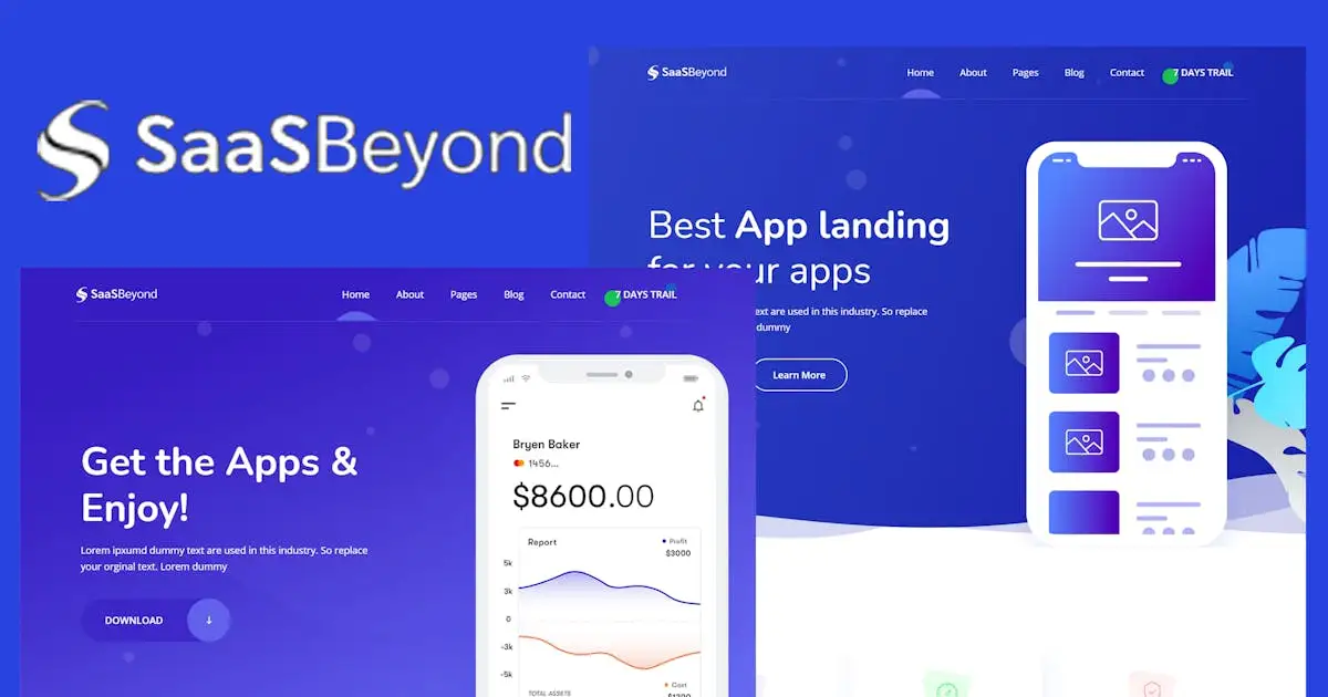 SassBeyond SaaS landing page template showing modern Bootstrap 4 design with clean layout sections