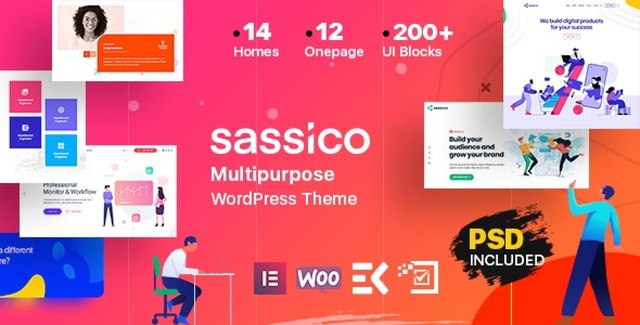 Sassico SaaS WordPress theme preview showing modern startup landing page design with Elementor builder