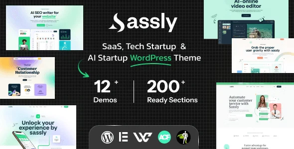 Sassly SaaS WordPress theme homepage preview showing hero section, feature grid, and pricing tables in Elementor Pro