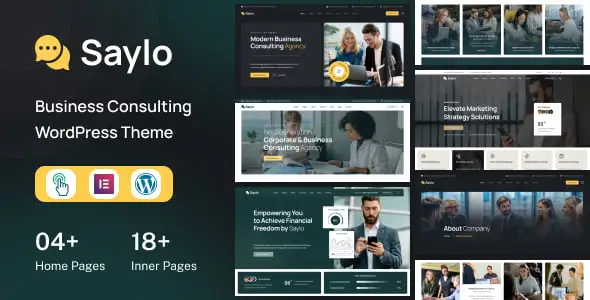 Saylo finance WordPress theme homepage preview showing professional consulting website design with modern layout