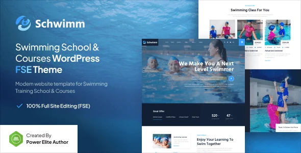 Schwimm swimming school WordPress theme preview showcasing a responsive aquatic education website layout