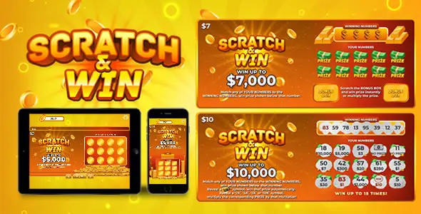 Scratch & Win HTML5 game interface showing scratch cards on a screen