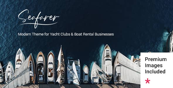 Seafarer WordPress theme homepage showing luxury yacht fleet showcase with booking system and tour packages