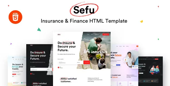 Sefu insurance and finance HTML5 template homepage preview showing a responsive Bootstrap 4+ layout