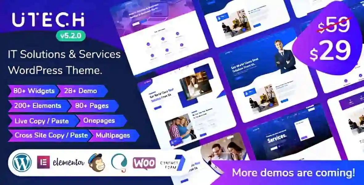 UTech IT solutions WordPress theme preview with Elementor PRO page builder
