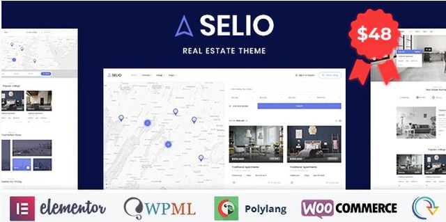Selio real estate directory WordPress theme showcasing property listings with modern Elementor design