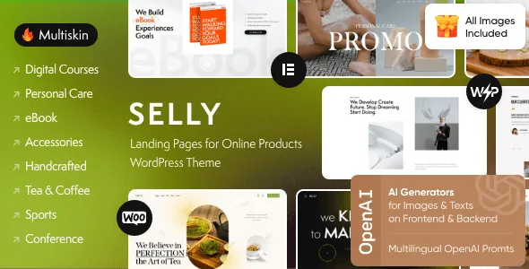 Selly marketing landing page WordPress theme demo preview showing multi-skin design layouts