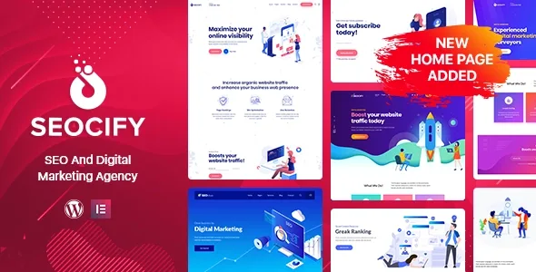 Seocify WordPress theme homepage preview showing agency service sections, portfolio grid, and pricing tables on desktop and mobile
