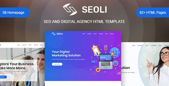 Seoli SEO HTML template preview showing modern responsive business website design with smooth animations