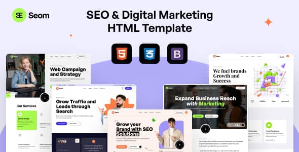 Seom SEO digital marketing HTML template homepage showing modern responsive agency design