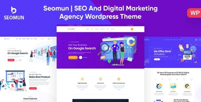 Seomun digital marketing agency WordPress theme preview showing responsive layout and modern design