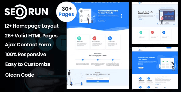 Seorun SEO agency HTML template homepage preview showcasing a modern digital marketing website layout