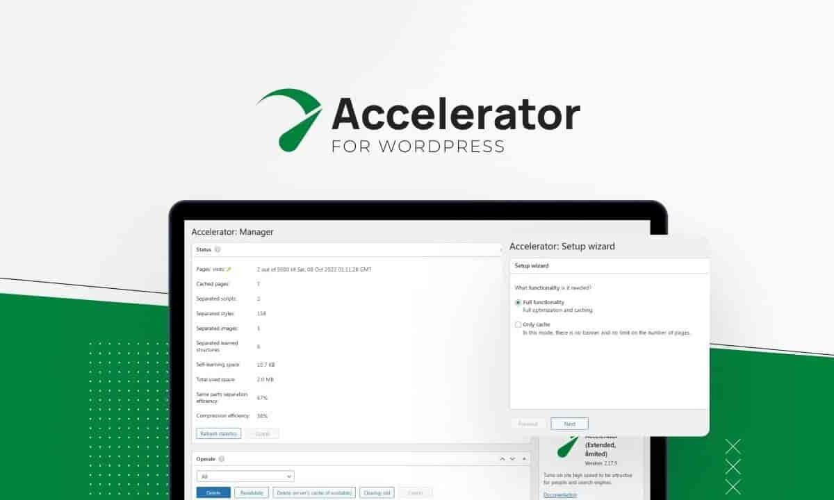 Seraphinite Accelerator Extended WordPress caching plugin interface showing performance optimization dashboard
