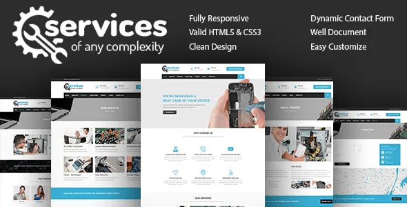 Responsive repair service HTML template preview showing computer and laptop repair website layout with Elementor PRO demo