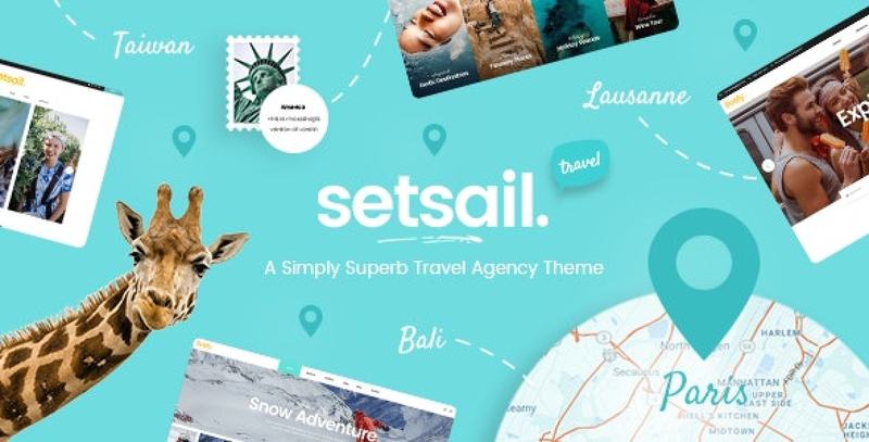 SetSail travel agency WordPress theme homepage preview showcasing tours and online booking