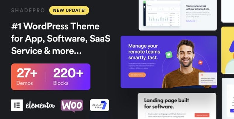 ShadePro startup and SaaS WordPress theme preview with Elementor page builder compatibility