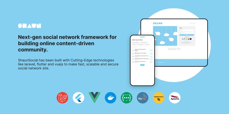 ShaunSocial PHP social network script dashboard with web and Flutter mobile app preview