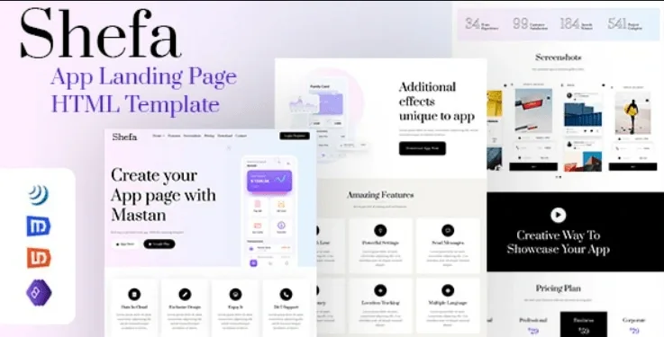 Shefa app landing page HTML template with responsive design and parallax effects
