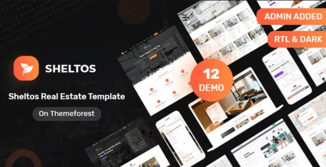 Sheltos real estate HTML template with property listings, admin dashboard, and email template on responsive devices
