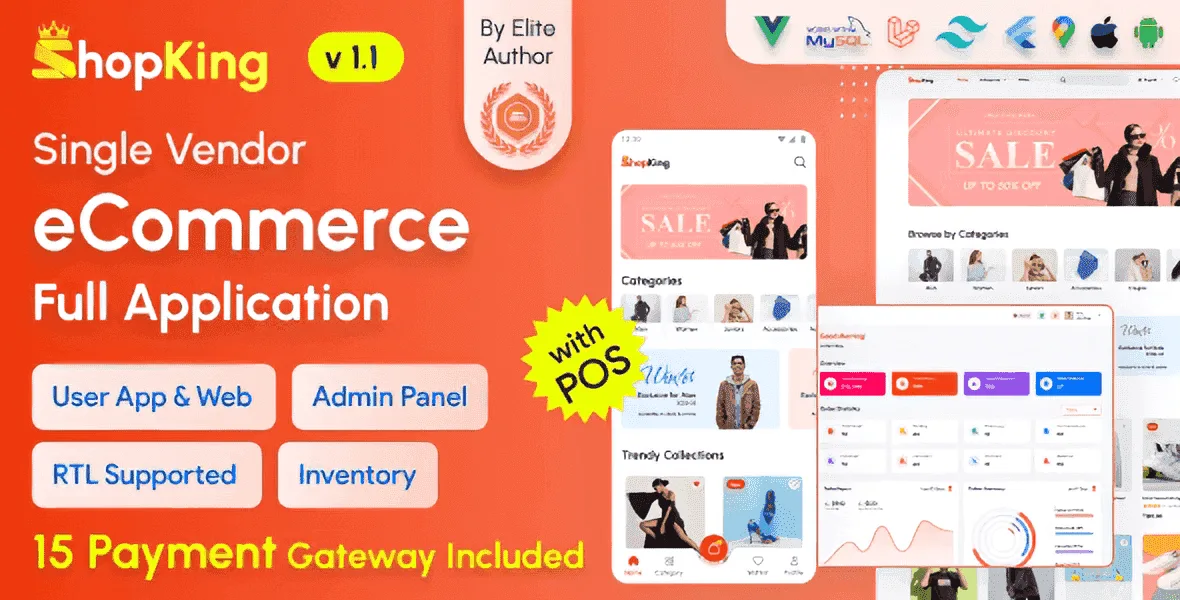 ShopKing ecommerce app with POS and inventory management dashboard