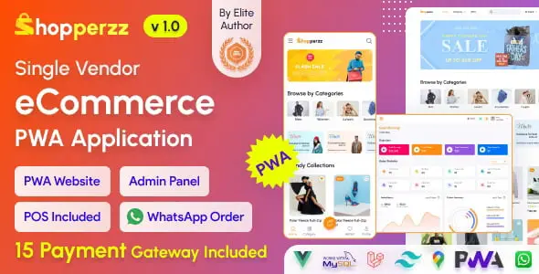 Shopperzz PWA ecommerce PHP script dashboard with POS and WhatsApp ordering interface