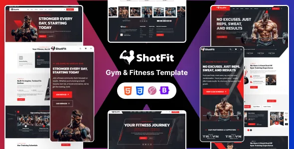 Shotfit gym and fitness trainer HTML template displayed on a laptop and mobile device