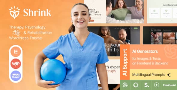 Shrink psychology WordPress theme homepage showing clean therapy practice design with service sections and therapist profile