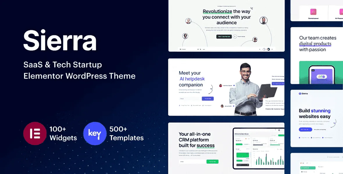 Sierra Elementor WordPress theme preview showing SaaS landing page with hero, feature grid, and pricing table