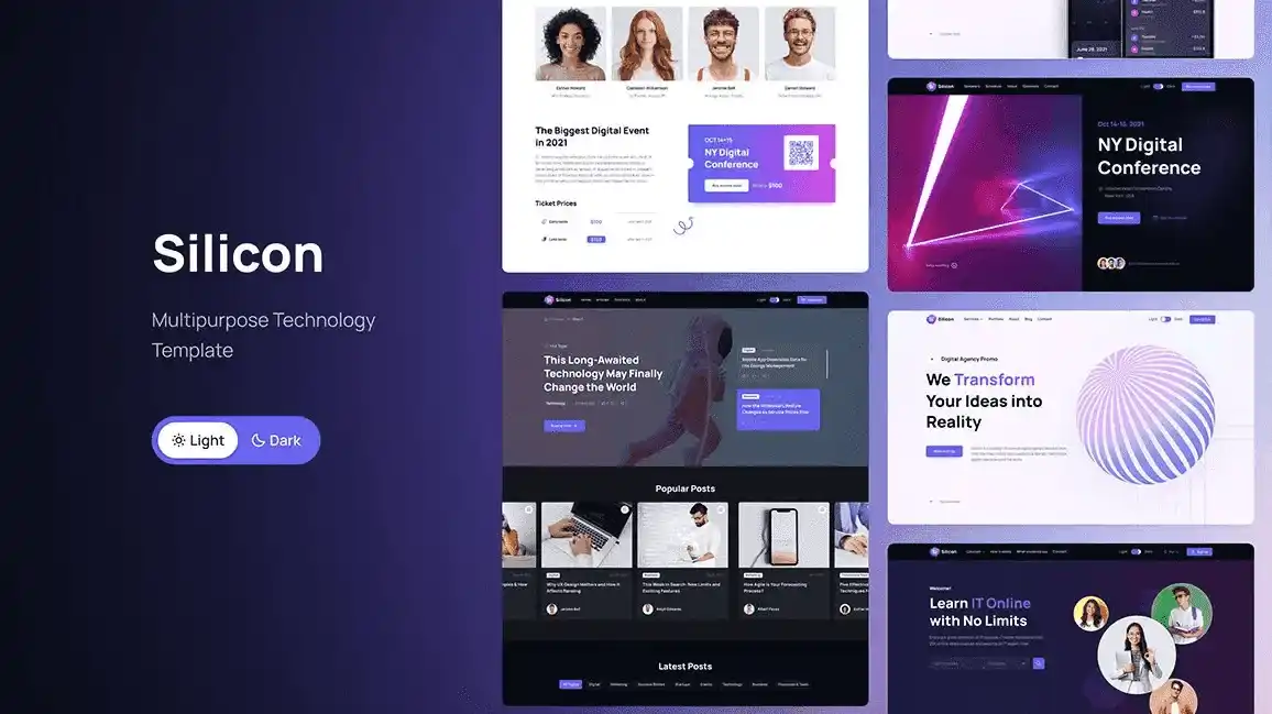 Silicon technology business HTML template preview with light and dark mode options