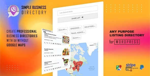 Simple Business Directory WordPress plugin interface with Google Maps store locator and distance search features