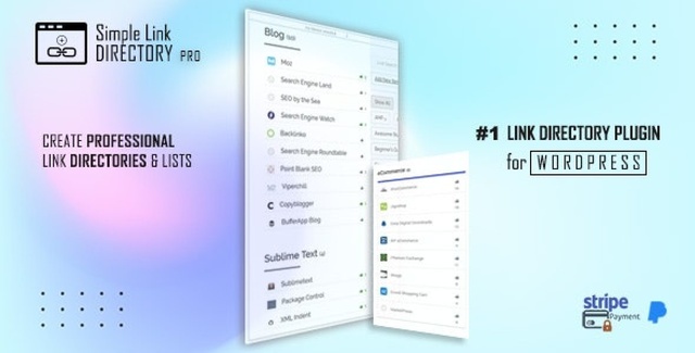 Simple Link Directory Pro WordPress plugin interface showing categorized link directory with thumbnails and shortcode generator