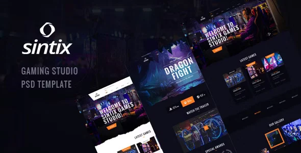 Sintix gaming studio HTML template with modern dark esports design and Elementor PRO compatibility