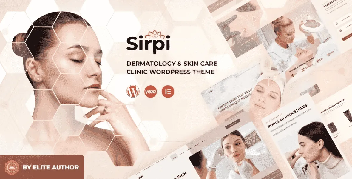 Sirpi Medical WordPress Theme homepage preview showing clean healthcare design with service cards, practitioner section, and appointment CTA