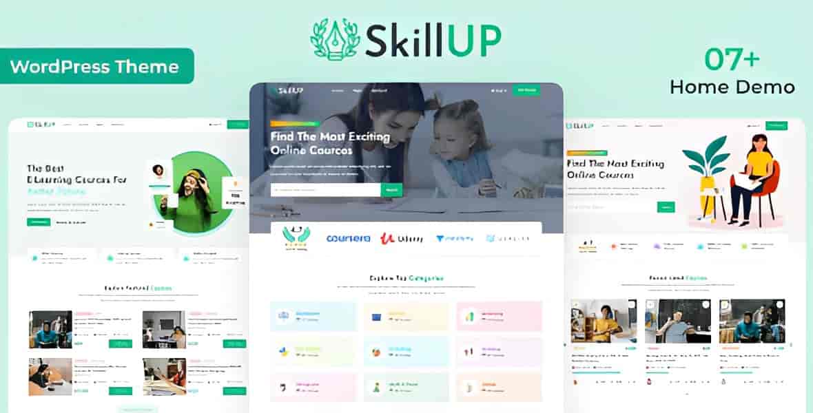 SkillUp Education WordPress Theme dashboard showing course management and Elementor page builder integration