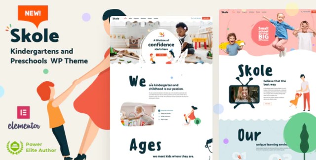 Skole Kindergarten WordPress Theme homepage preview showing vibrant design with Elementor builder interface