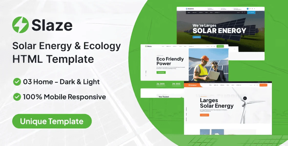 Slaze solar energy HTML template preview showing responsive ecology website layout