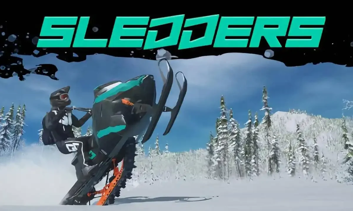 Sledders snowmobile simulator gameplay showing a snowmobile riding through snowy mountain terrain on Windows PC
