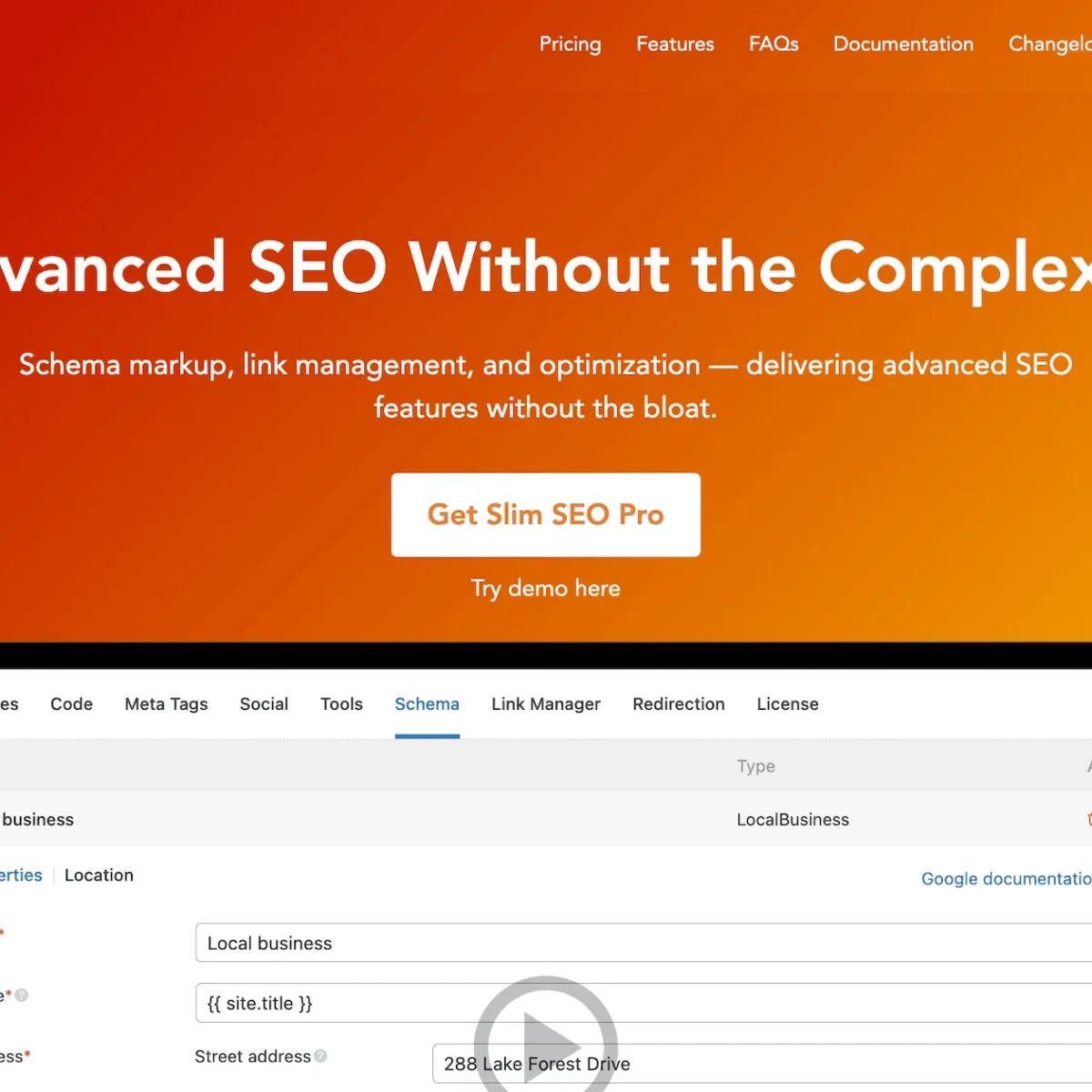 Slim SEO Pro WordPress plugin interface showing visual schema builder and link management dashboard